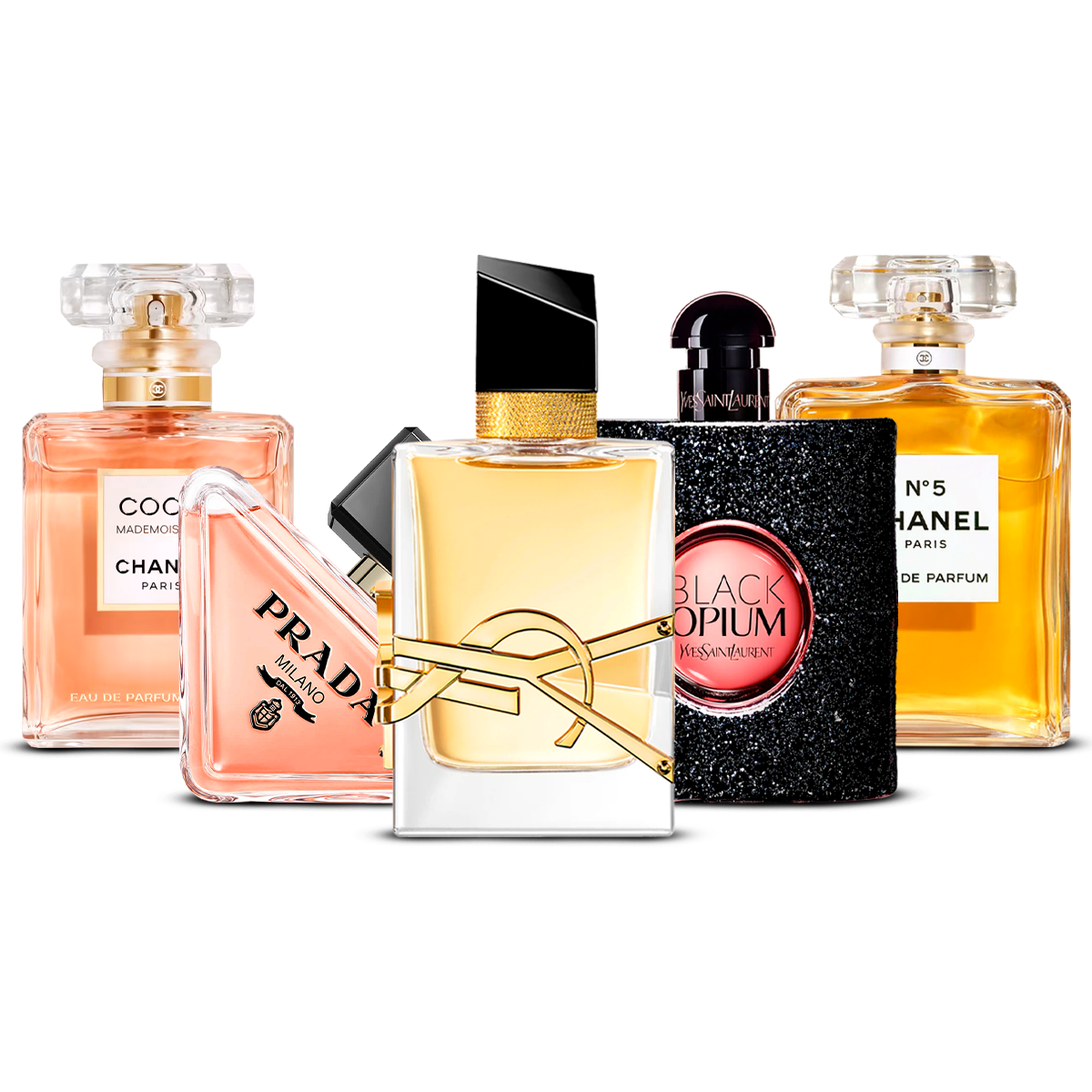 Kombination av 5 damparfymer – Coco Mademoiselle, Prada Paradoxe, Libre, Black Opium och Chanel N°5 [100 ml vardera]