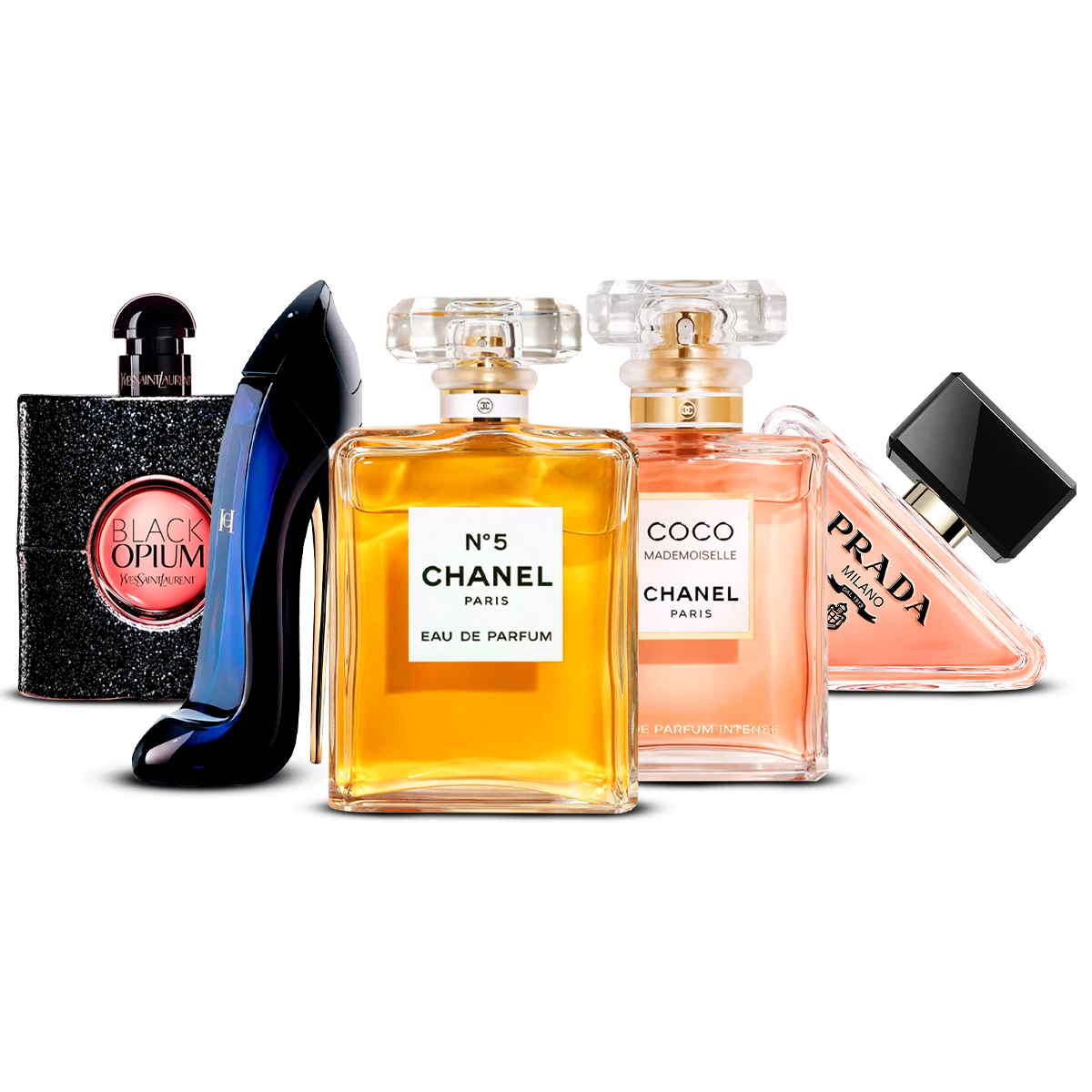 Kombination av 5 damparfymer – Black Opium, Good Girl, Chanel N°5, Coco Mademoiselle och Prada Paradoxe [100 ml vardera]