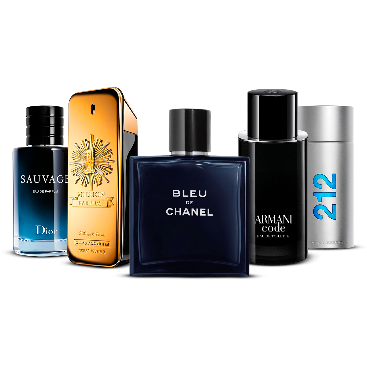 Kombination av 5 herrparfymer – Sauvage, 1 Million, Bleu de Chanel, Armani Code och 212 Men [100 ml vardera]