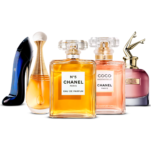 Kombination av 5 damparfymer – Good Girl, J’adore, Chanel Nº5, Coco Mademoiselle och Scandal [100 ml vardera]