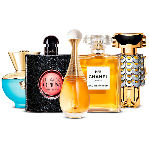 Kombination av 5 damparfymer – Versace Dylan Turquoise, Black Opium, J’adore, Chanel Nº5 och Fame [100 ml vardera]